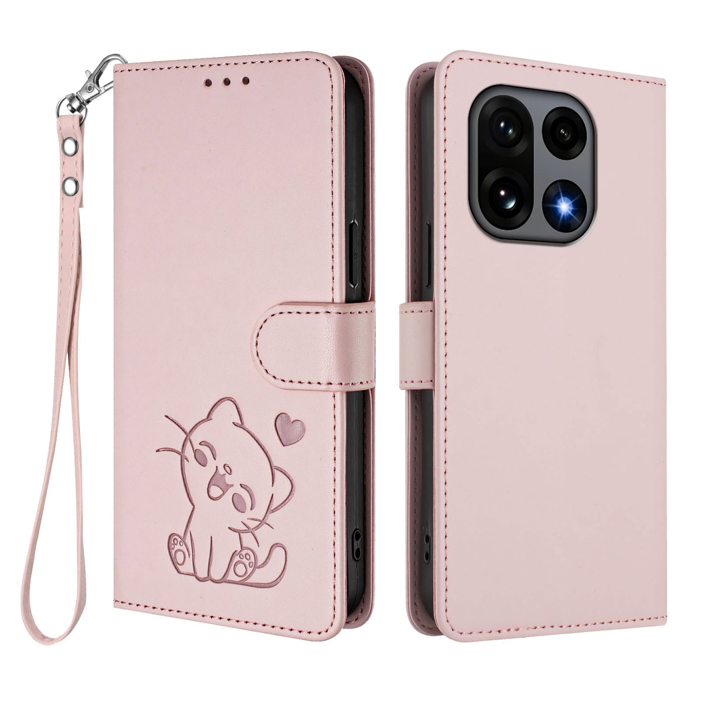 Love Cat Pattern Imprint PU Leather Wallet Case with Wrist Strap - For OnePlus 15