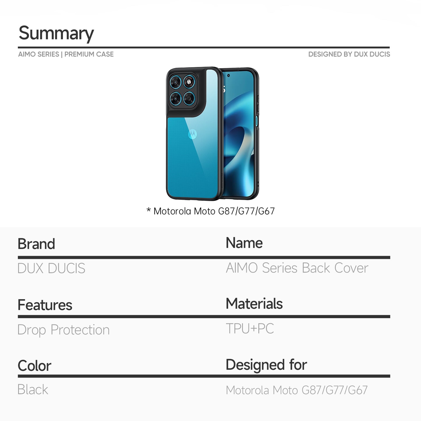 Dux Ducis Aimo Series PC + TPU Back Phone Cover (REACH Certification) - For Motorola Moto G87 / G77 / G67