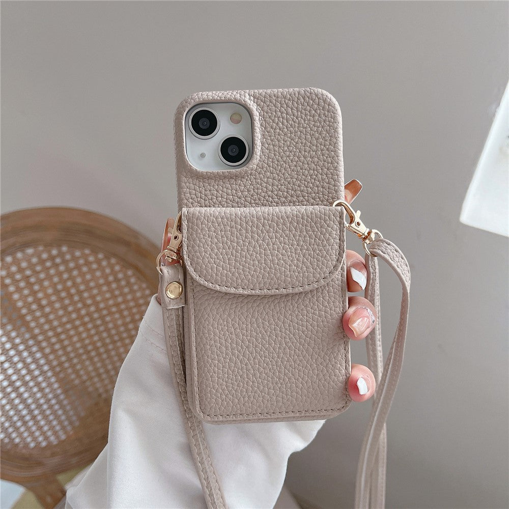 Crossbody Phone Case Card Holder PU Leather Coated PC Cover with Shoulder Strap - For iPhone 15