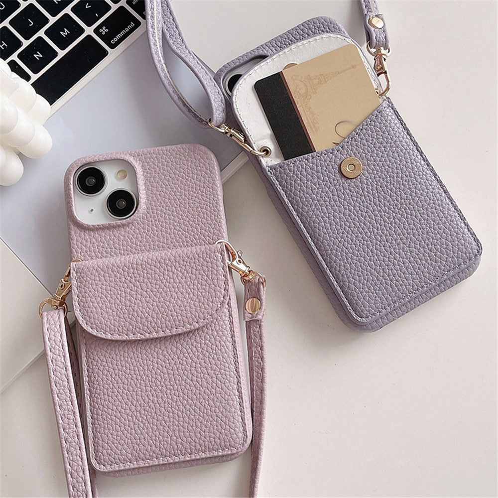 Crossbody Phone Case Card Holder PU Leather Coated PC Cover with Shoulder Strap - For iPhone 15