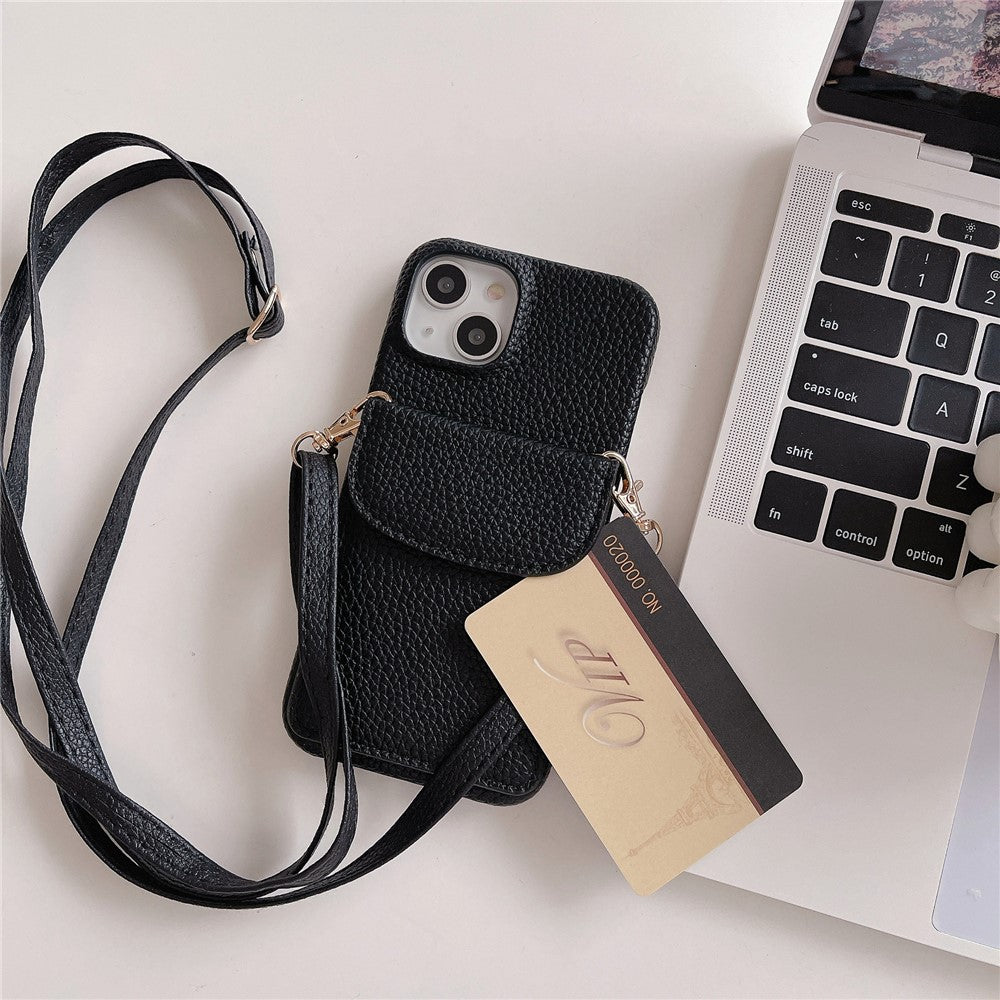 Crossbody Phone Case Card Holder PU Leather Coated PC Cover with Shoulder Strap - For iPhone 15