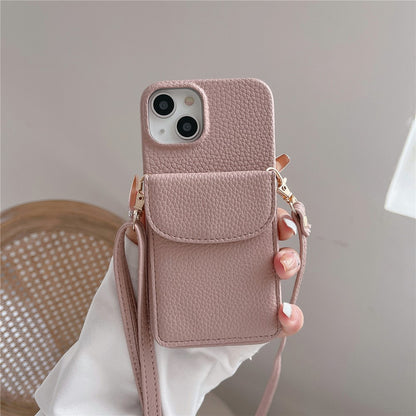 Crossbody Phone Case Card Holder PU Leather Coated PC Cover with Shoulder Strap - For iPhone 15