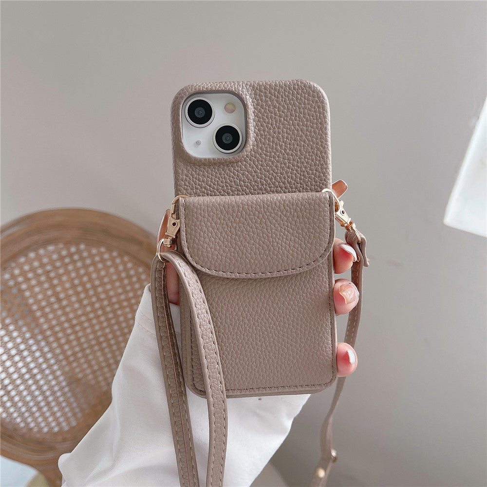 Crossbody Phone Case Card Holder PU Leather Coated PC Cover with Shoulder Strap - For iPhone 15