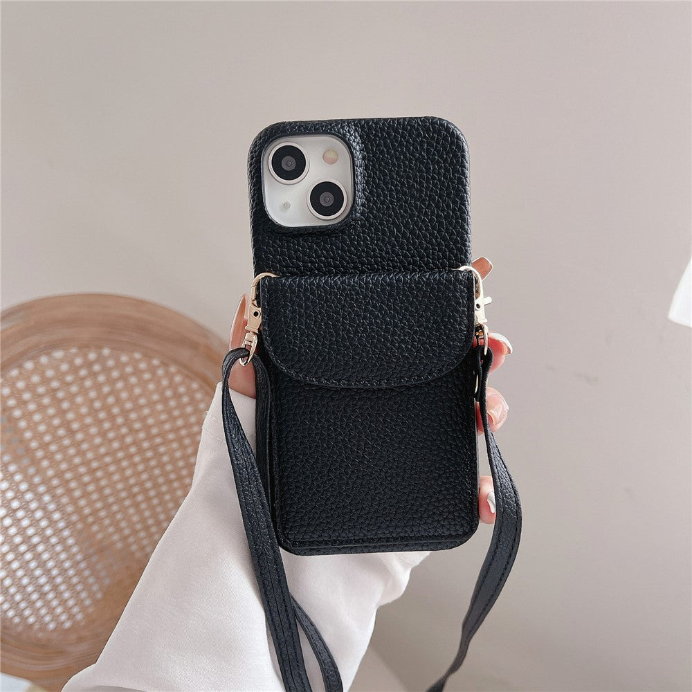 Crossbody Phone Case Card Holder PU Leather Coated PC Cover with Shoulder Strap - For iPhone 15