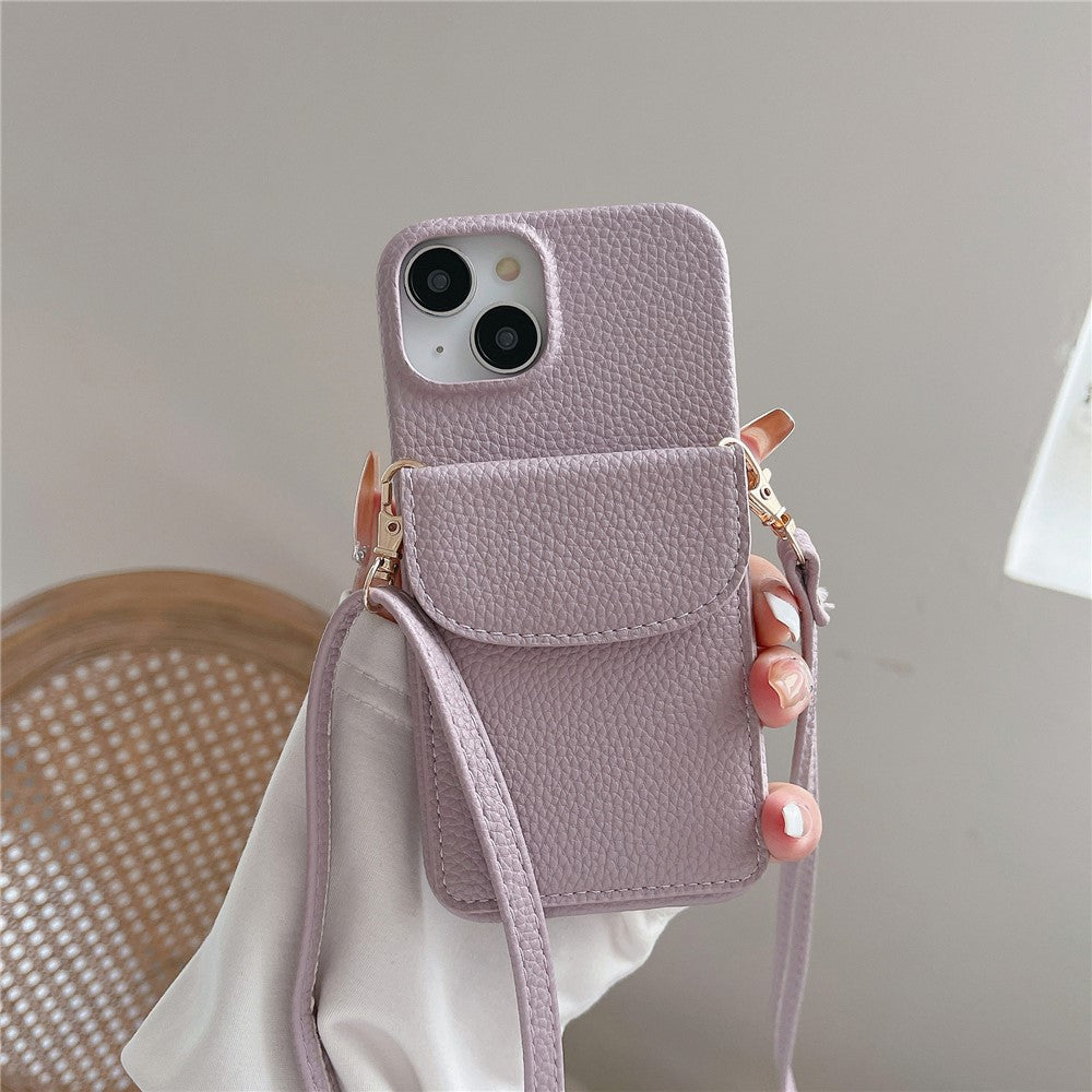 Crossbody Phone Case Card Holder PU Leather Coated PC Cover with Shoulder Strap - For iPhone 15