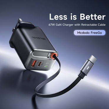 Mcdodo CH-409 FreeGo 67W GaN Charger USB-C USB-A Power Adapter with Built-in Retractable Cable