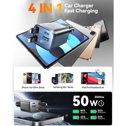 Joyroom CCL05 4 in 1 Car Charger with Fast Charging Retractable Dual Cables