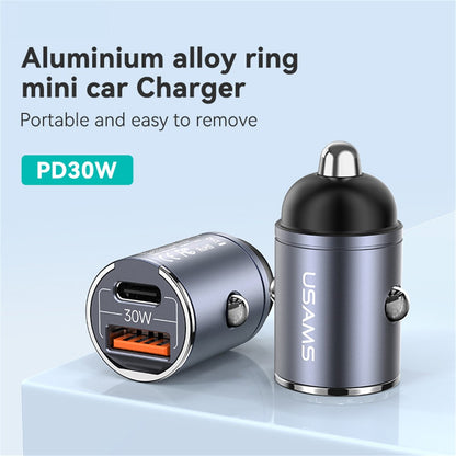 Usams US-CC206 C38 PD 30W USB A + USB-C Fast Charging Car Adapter with Pull Ring