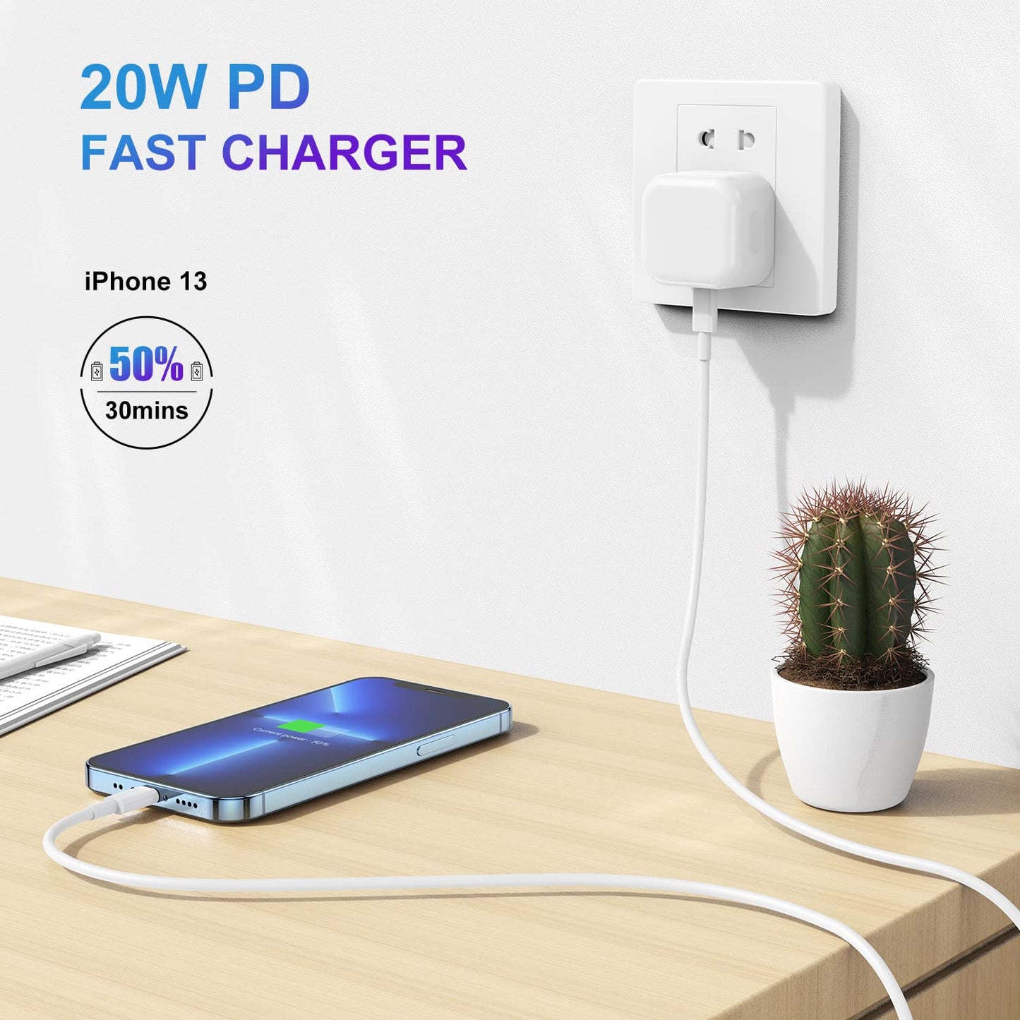 iPhone Fast Charger Cable and Plug, [MFi Certified] 20W USB C Power Adapter and C to Lightning Cable 2m