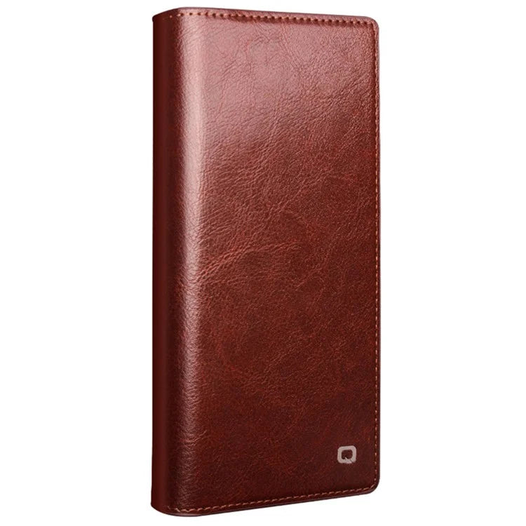 Qialino Wallet Case Genuine Cow Leather Brown Folio Flip Magnetic Cover For Samsung Galaxy S24 Ultra - MosAccessories.co.uk