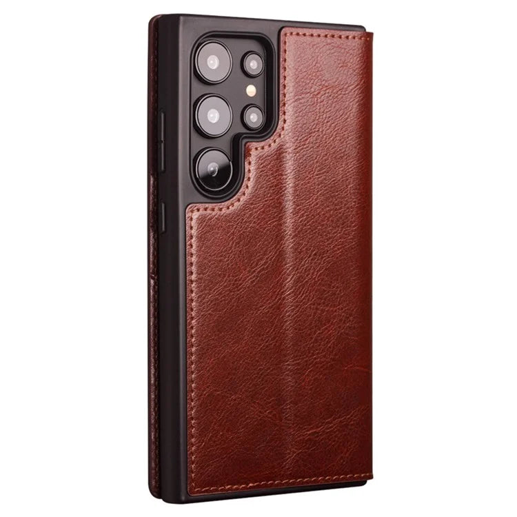 Qialino Wallet Case Genuine Cow Leather Brown Folio Flip Magnetic Cover For Samsung Galaxy S24 Ultra - MosAccessories.co.uk