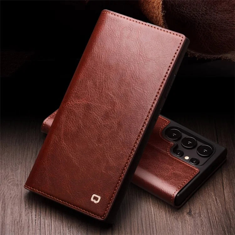 Qialino Wallet Case Genuine Cow Leather Brown Folio Flip Magnetic Cover For Samsung Galaxy S24 Ultra - MosAccessories.co.uk