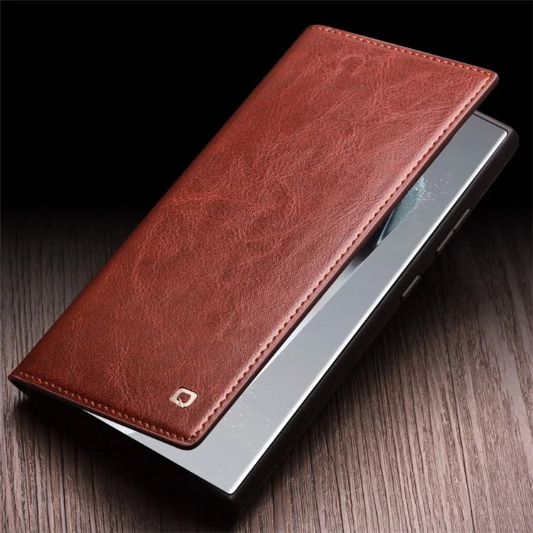Qialino Wallet Case Genuine Cow Leather Brown Folio Flip Magnetic Cover For Samsung Galaxy S24 Ultra - MosAccessories.co.uk