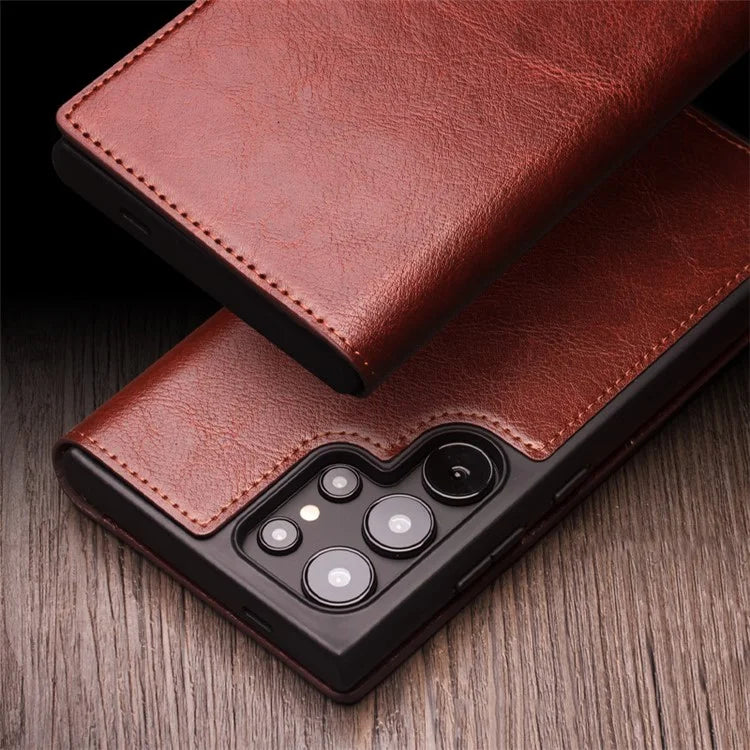 Qialino Wallet Case Genuine Cow Leather Brown Folio Flip Magnetic Cover For Samsung Galaxy S24 Ultra - MosAccessories.co.uk