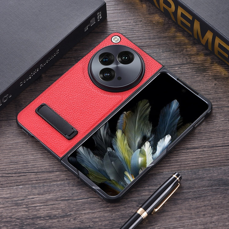 Litchi Texture PU Phone Case with Holder (Red) - For OnePlus Open - Mos Accessories