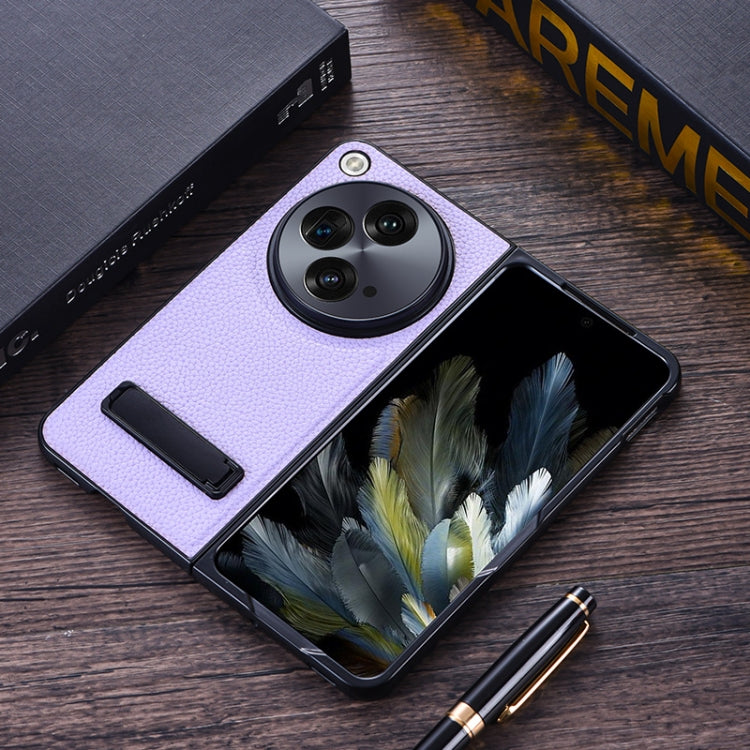 Litchi Texture PU Phone Case with Holder (Purple) - For OnePlus Open - Mos Accessories