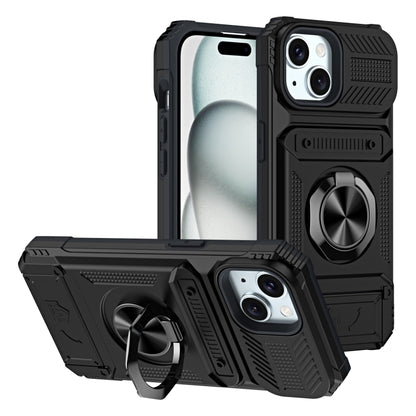 TPU+PC Shockproof Card Pocket Black Case with Metal Ring Holder - For iPhone 15 - MosAccessories.co.uk