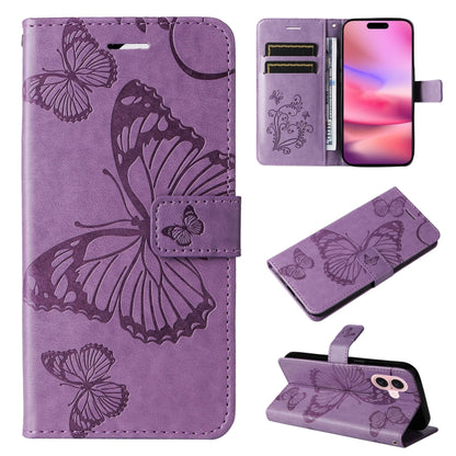 3D Butterfly Embossed Pattern Flip PU Leather Phone Case - For iPhone 16 Series