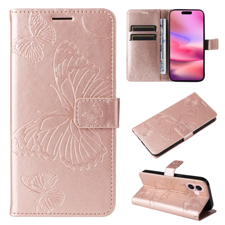 3D Butterfly Embossed Pattern Flip PU Leather Phone Case - For iPhone 16 Series