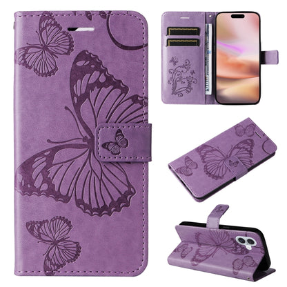 3D Butterfly Embossed Pattern Flip PU Leather Phone Case - For iPhone 16 Series