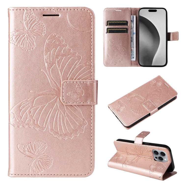 3D Butterfly Embossed Pattern Flip PU Leather Phone Case - For iPhone 16 Series