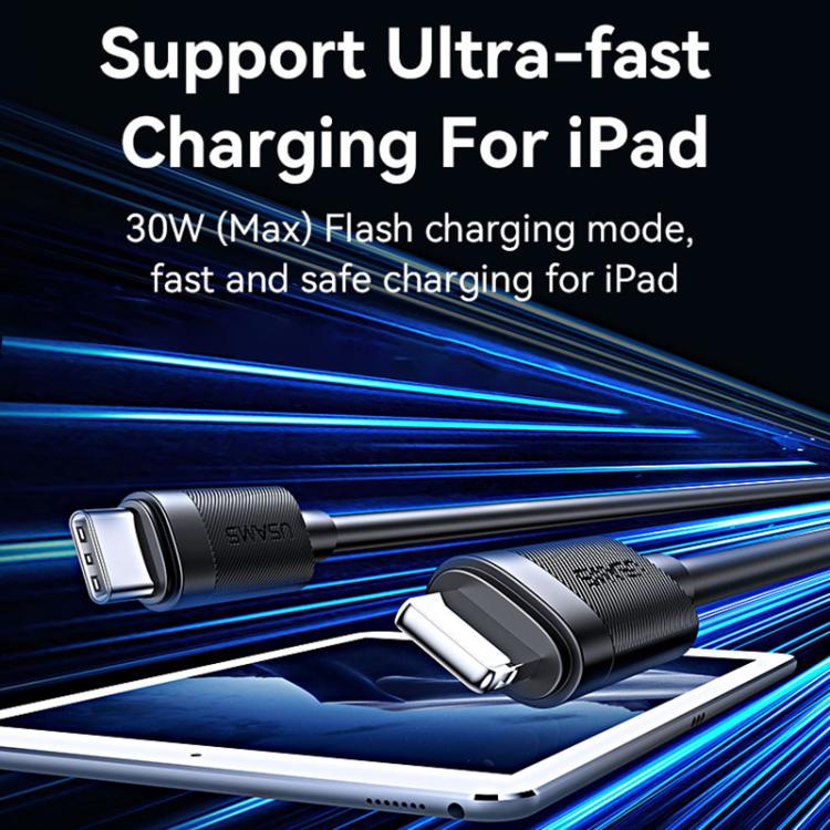 USAMS SJ781 U94 USB-C to 8 Pin 30W Fast Charging Black Data Cable 1M at MosAccessories.co.uk