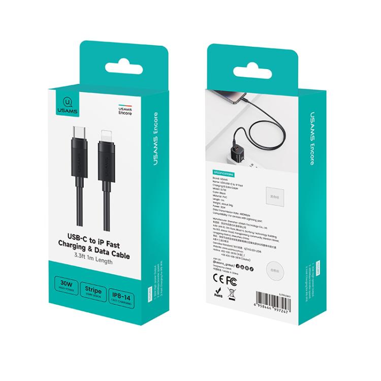 USAMS SJ781 U94 USB-C to 8 Pin 30W Fast Charging Black Data Cable 1M Packaging at MosAccessories.co.uk