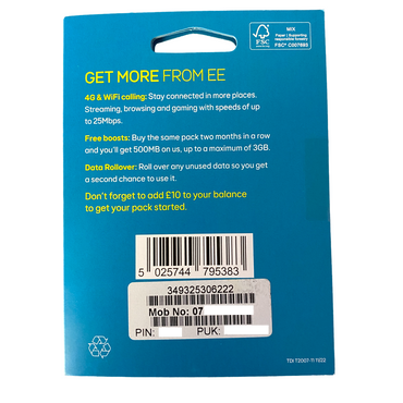 EE Pay As You Go Sim Card - £10 Subscription Pack Back - MosAccessories.co.uk