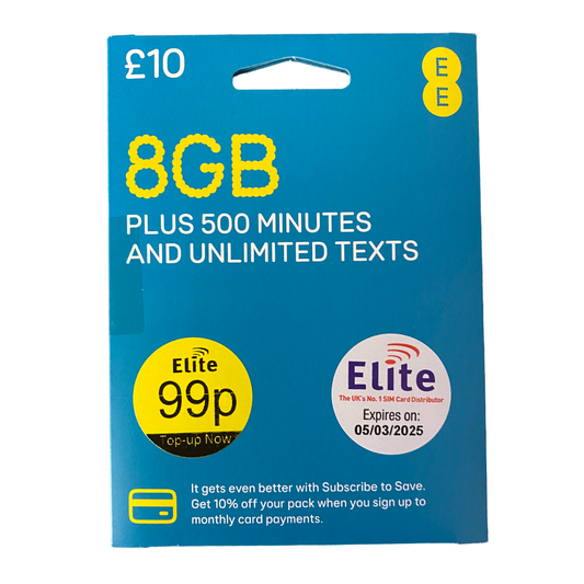 EE Pay As You Go Sim Card - £10 Subscription Pack Front - MosAccessories.co.uk