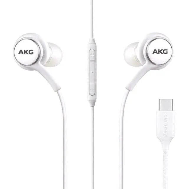 White AKG earphones with USB-C connector on a white background