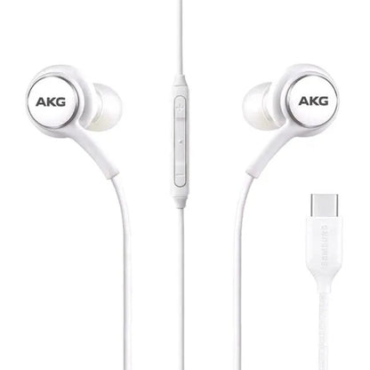 White AKG earphones with USB-C connector on a white background