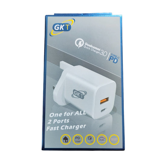 GK Telecom USB-C & USB QC 3.0 2 Port 20W Fast Charger Power Adapter Mains UK Plug