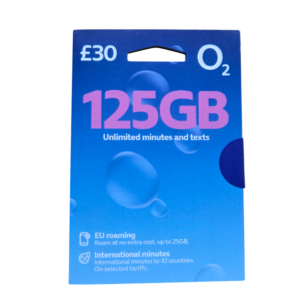 O2 phone plan packaging with 125GB, unlimited minutes, and texts on a blue background