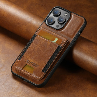 Suteni H03 Oil Wax PU Leather Wallet Stand Back Brown Phone Case - For iPhone 15 - MosAccessories.co.uk