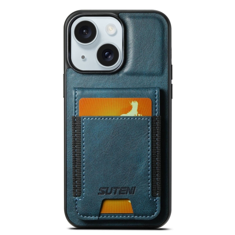 Suteni H03 Oil Wax PU Leather Wallet Stand Back Blue Phone Case - For iPhone 15 - MosAccessories.co.uk