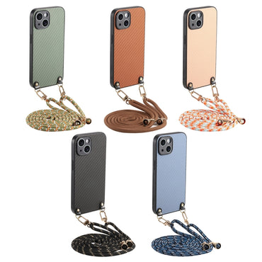 Carbon Fiber Texture PU Leather Back Phone Case with Crossbody Strap - For iPhone 16e / 16 Pro Max / 16 Pro / 16 Plus
