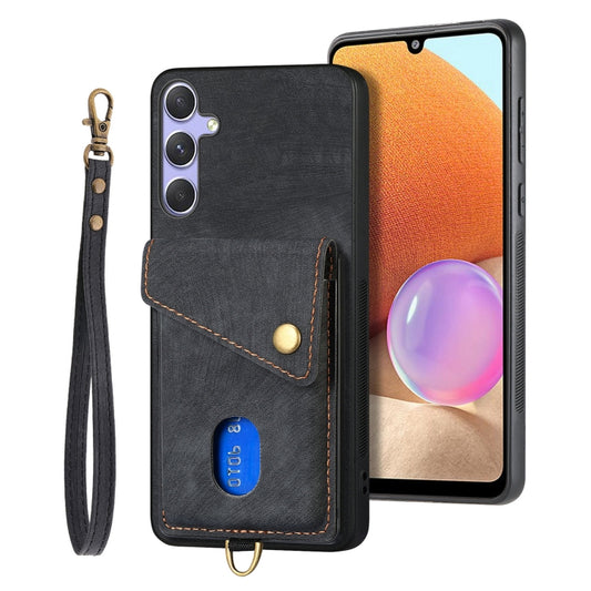 Retro Card Wallet Fold PU Leather Phone Case with Strap - For Samsung Galaxy S25 Ultra / S25+