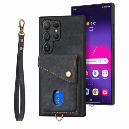 Retro Card Wallet Fold PU Leather Phone Case with Strap - For Samsung Galaxy S25 Ultra / S25+