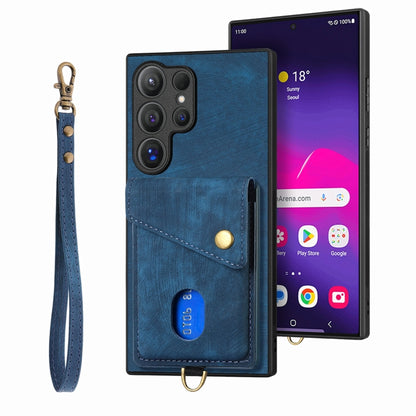 Retro Card Wallet Fold PU Leather Phone Case with Strap - For Samsung Galaxy S25 Ultra / S25+