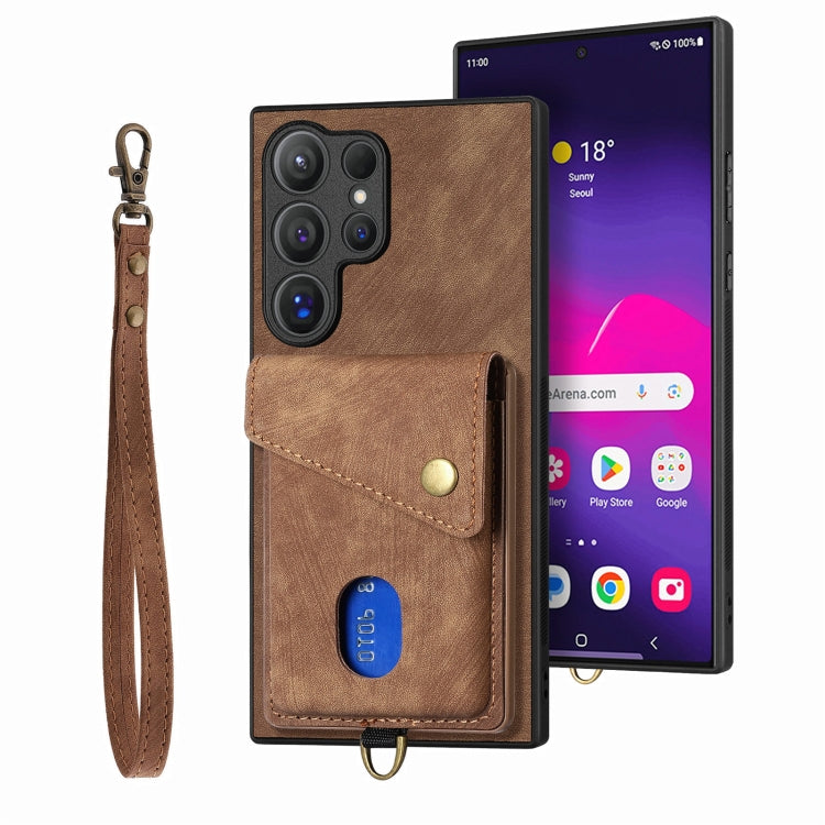 Retro Card Wallet Fold PU Leather Phone Case with Strap - For Samsung Galaxy S25 Ultra / S25+