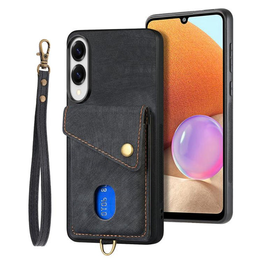Retro Card Wallet Fold PU Leather Phone Case with Strap - For Samsung Galaxy S25 Edge / S25 / A56 / A36