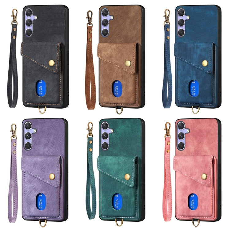 Retro Card Wallet Fold PU Leather Phone Case with Strap - For Samsung Galaxy S25 Ultra / S25+