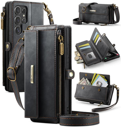 CaseMe RFID Blocking Zipper Wallet PU Leather Phone Case with Crossbody Strap - For Samsung Galaxy S25 Edge / A56 / A16 / S25 Ultra