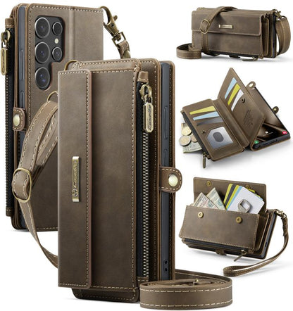 CaseMe RFID Blocking Zipper Wallet PU Leather Phone Case with Crossbody Strap - For Samsung Galaxy S25 Edge / A56 / A16 / S25 Ultra