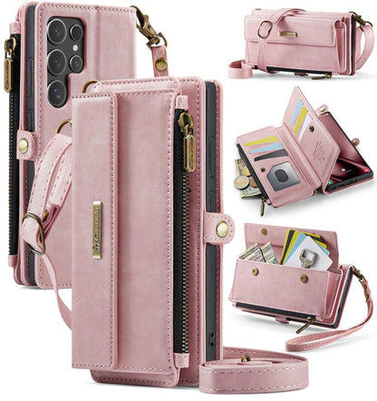 CaseMe RFID Blocking Zipper Wallet PU Leather Phone Case with Crossbody Strap - For Samsung Galaxy S25 Edge / A56 / A16 / S25 Ultra