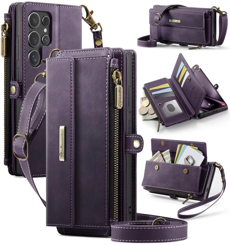 CaseMe RFID Blocking Zipper Wallet PU Leather Phone Case with Crossbody Strap - For Samsung Galaxy S25 Edge / A56 / A16 / S25 Ultra