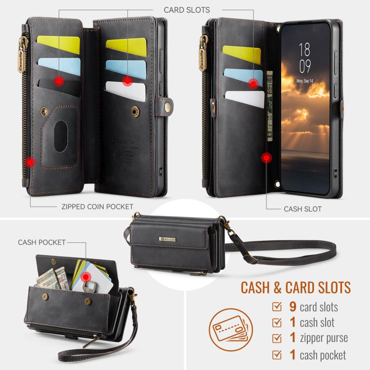CaseMe RFID Blocking Zipper Wallet PU Leather Phone Case with Crossbody Strap - For Samsung Galaxy S21 FE / A52 / A53 / S21