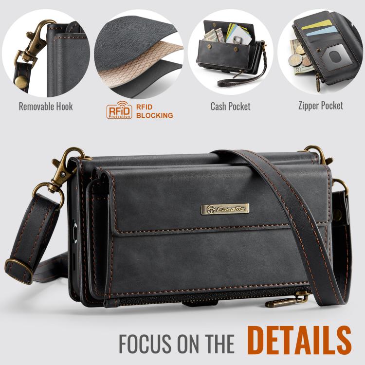 CaseMe RFID Blocking Zipper Wallet PU Leather Phone Case with Crossbody Strap - For Samsung Galaxy S21 FE / A52 / A53 / S21
