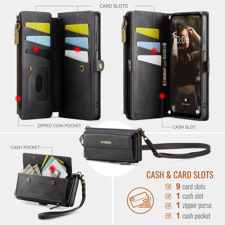 CaseMe RFID Blocking Zipper Wallet PU Leather Phone Case with Crossbody Strap - For Samsung Galaxy A14 / A13 5G
