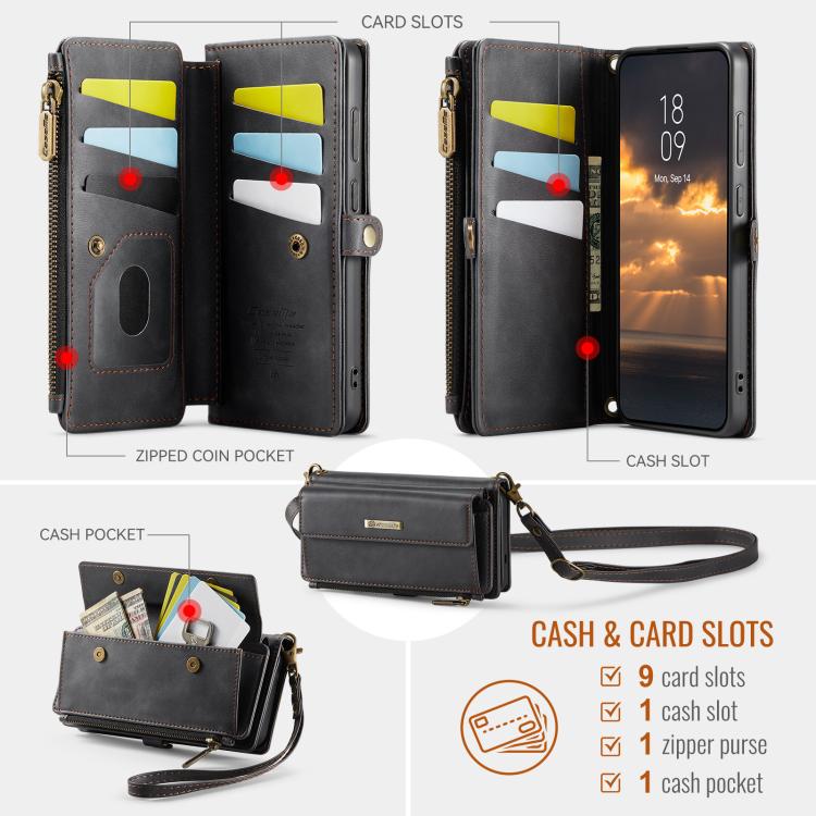 CaseMe RFID Blocking Zipper Wallet PU Leather Phone Case with Crossbody Strap - For Samsung Galaxy S25 Edge / A56 / A16 / S25 Ultra